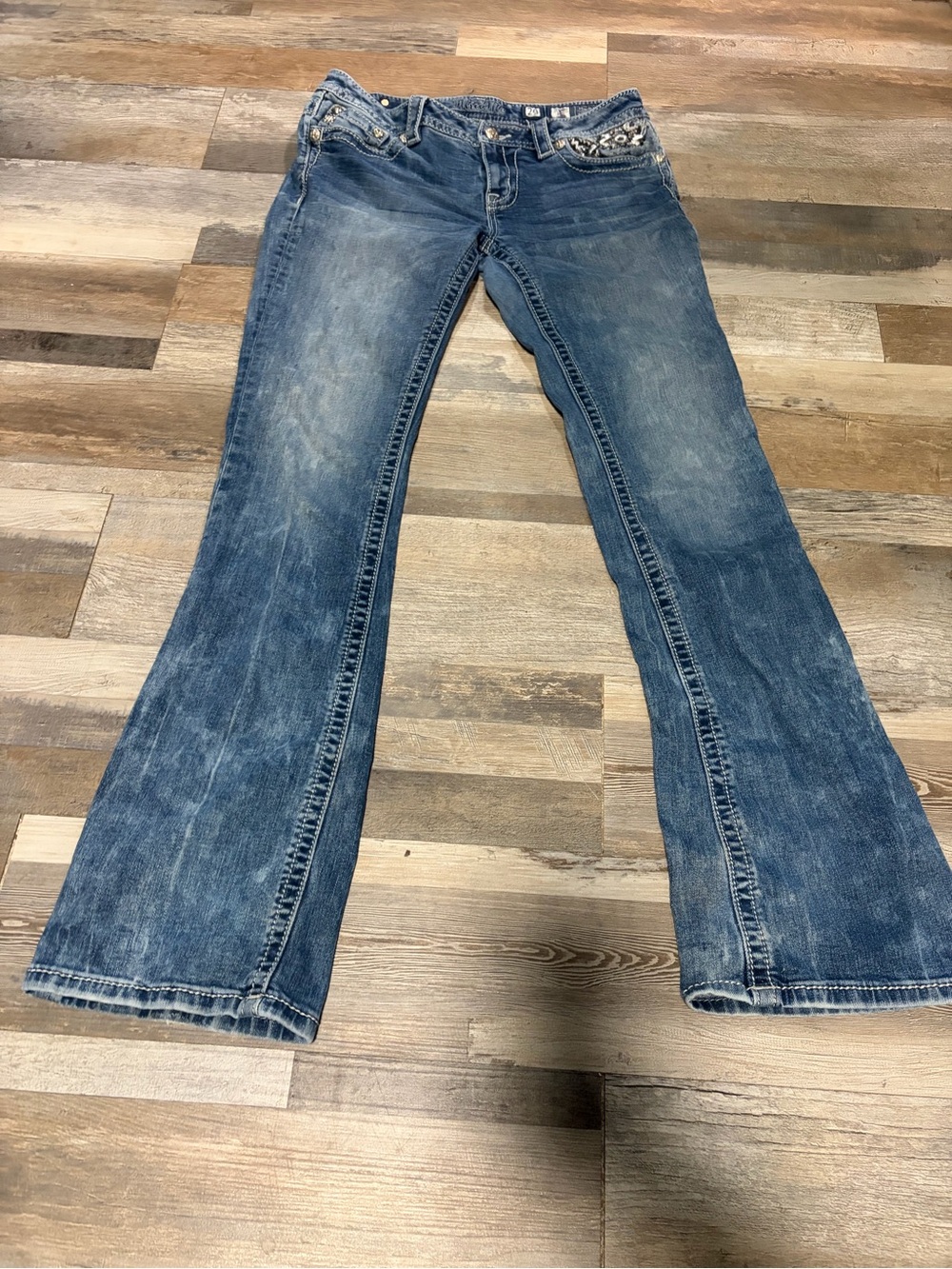 Miss Me Distressed Blue Flare Jeans with Embellished Waist